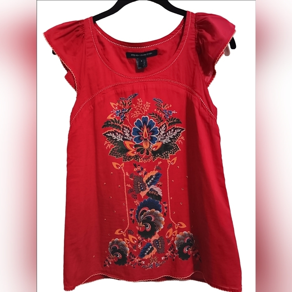 French Connection Red Ruffled Cap Sleeve Blouse